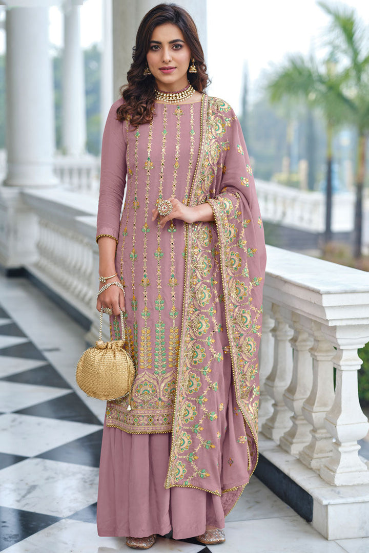 Pink Color Chinon Fabric Function Wear Tempting Palazzo Suit