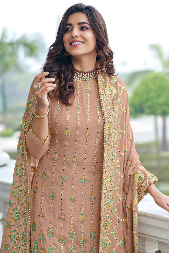Chinon Fabric Function Wear Beatific Palazzo Suit In Peach Color