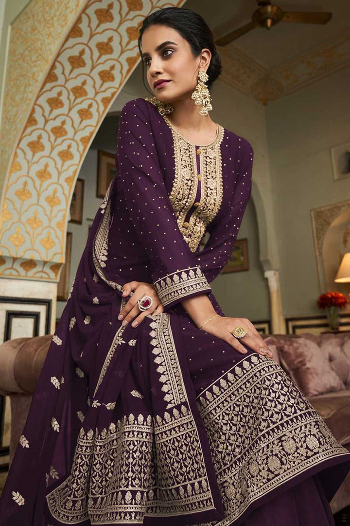 Dazzling Georgette Fabric Wine Color Embroidered Palazzo Suit