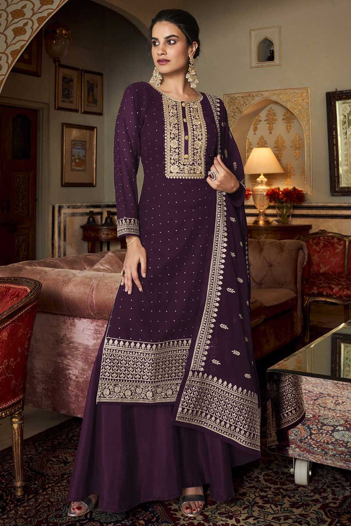 Dazzling Georgette Fabric Wine Color Embroidered Palazzo Suit