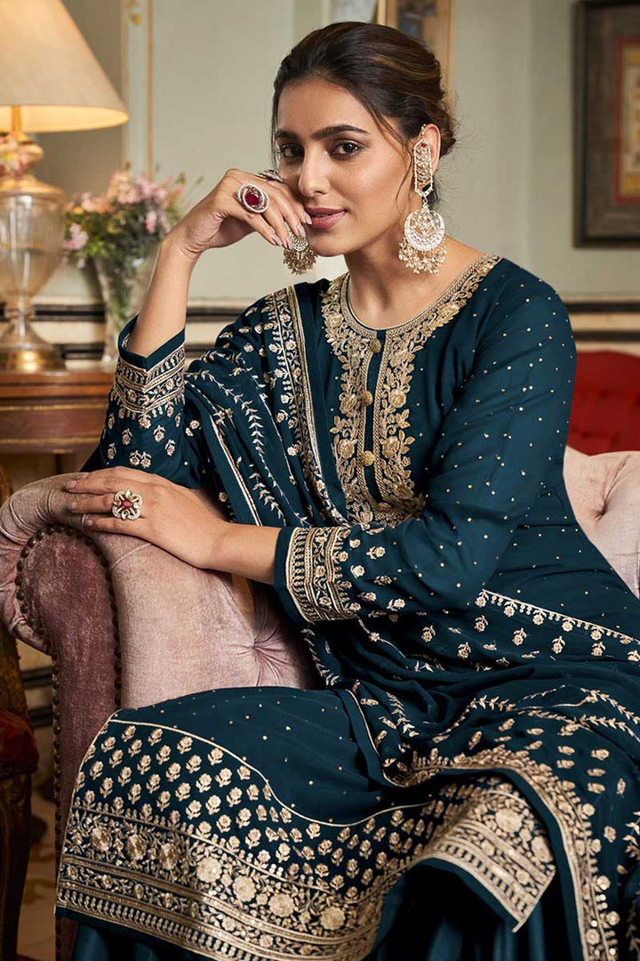 Radiant Teal Color Georgette Fabric Embroidered Palazzo Suit
