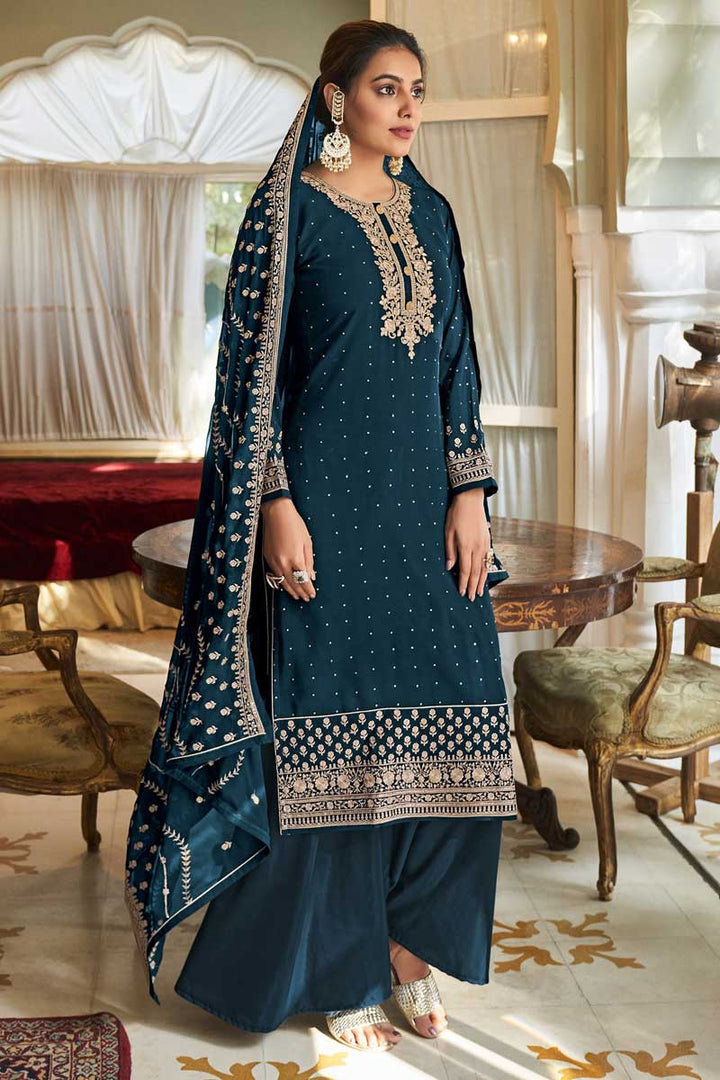 Radiant Teal Color Georgette Fabric Embroidered Palazzo Suit