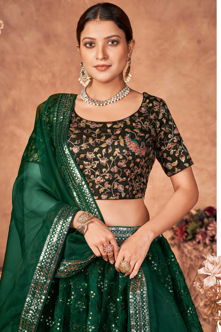 Organza Fabric Function Wear Vivacious Lehenga In Dark Green Color