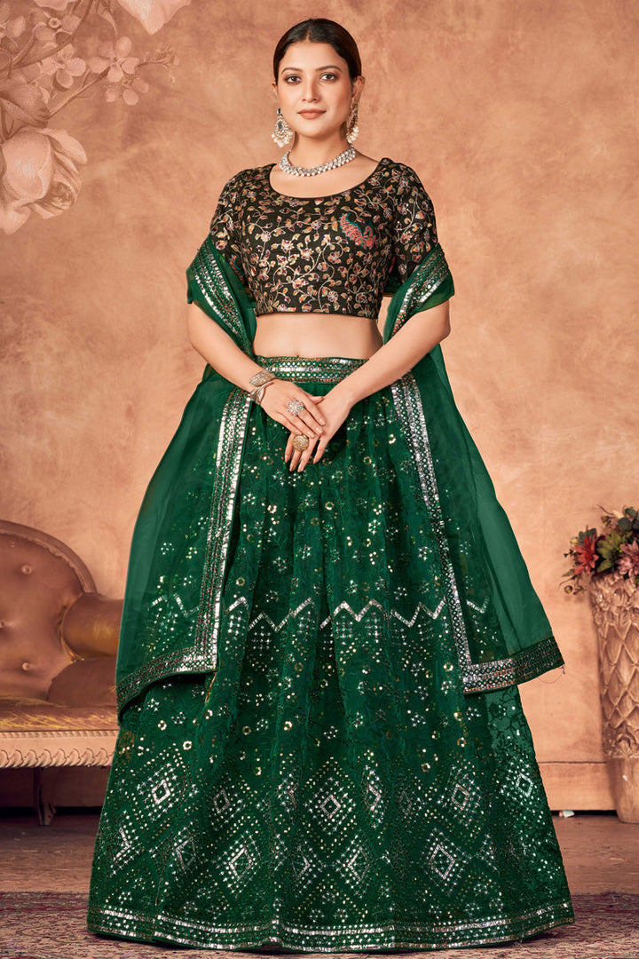 Organza Fabric Function Wear Vivacious Lehenga In Dark Green Color