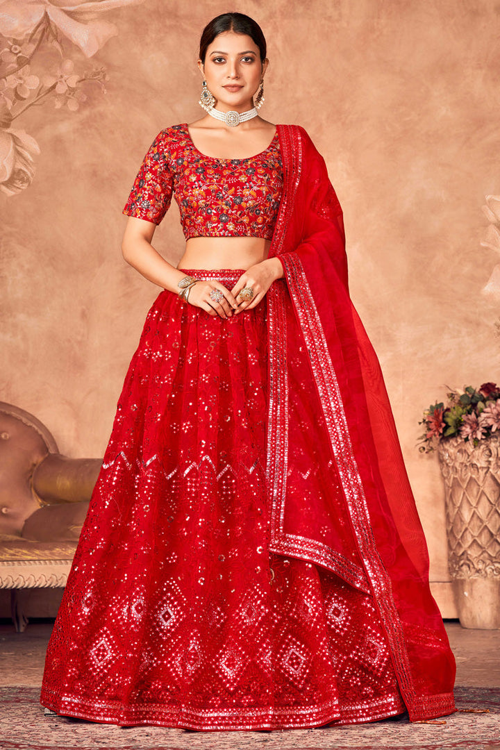 Organza Fabric Function Wear Wondrous Lehenga In Red Color