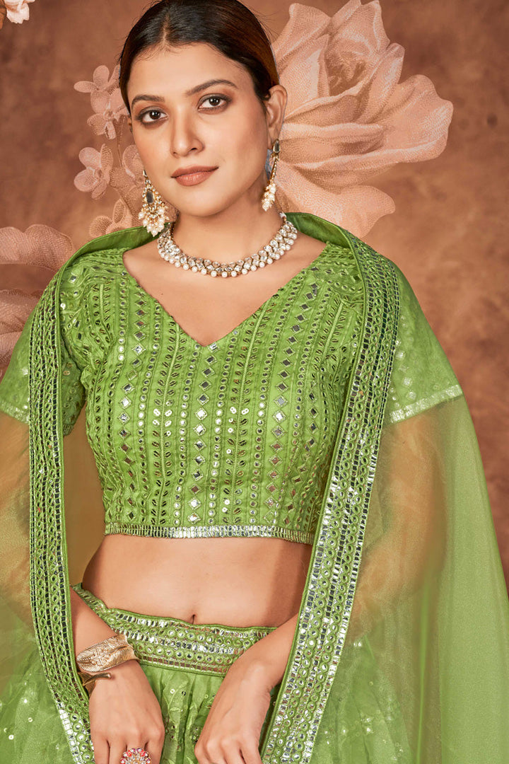 Function Wear Organza Fabric Green Color Supreme Lehenga