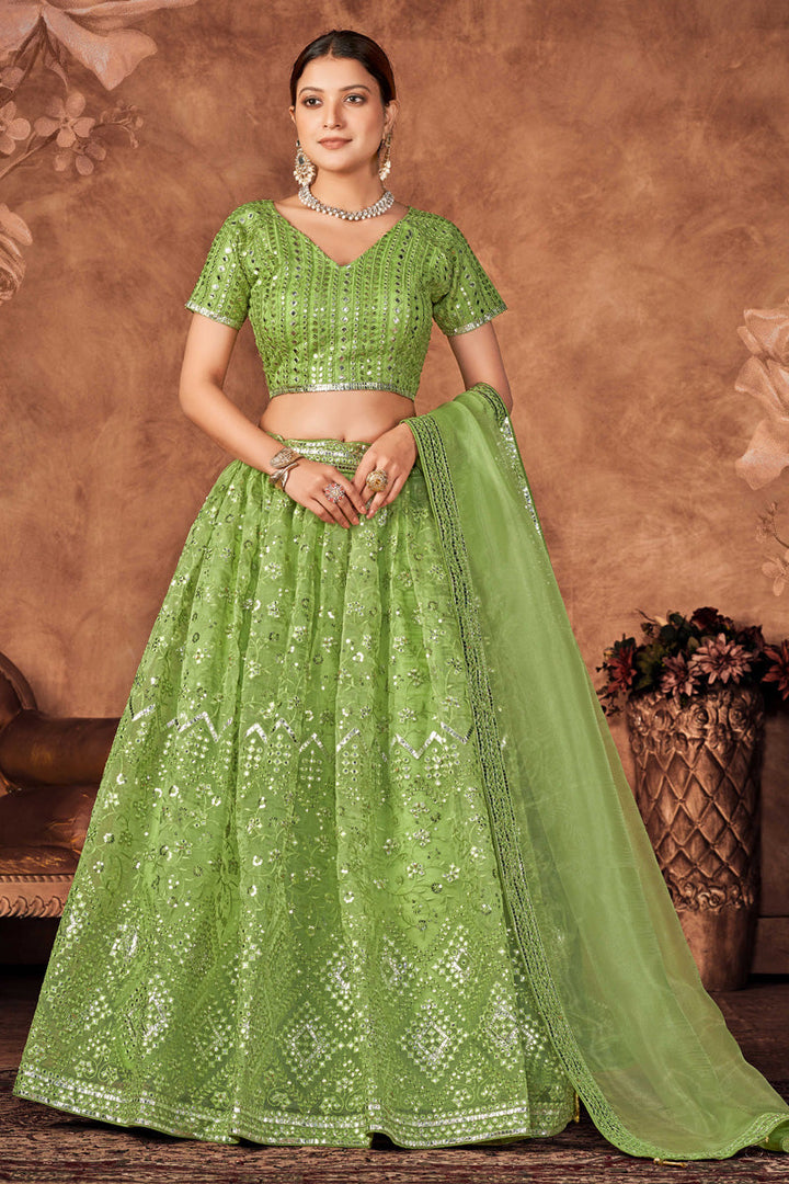 Function Wear Organza Fabric Green Color Supreme Lehenga