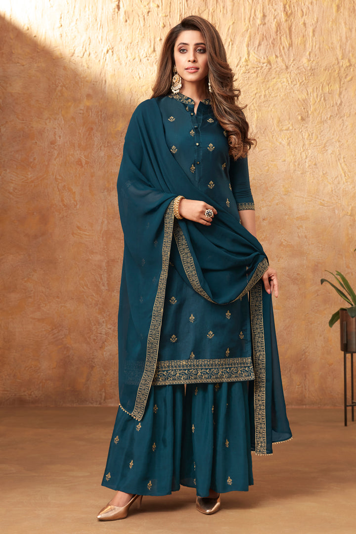 Teal Color Party Style Embroidered Art Silk Fabric Palazzo Dress