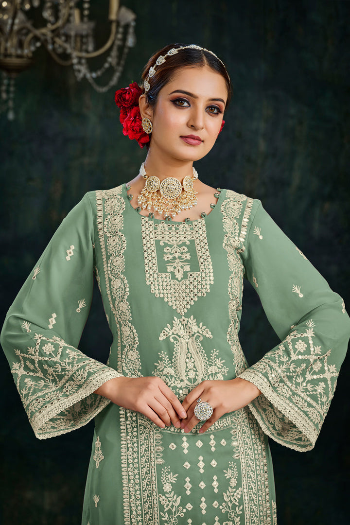 Georgette Fabric Sea Green Color Festive Wear Embroidered Palazzo Salwar Kameez