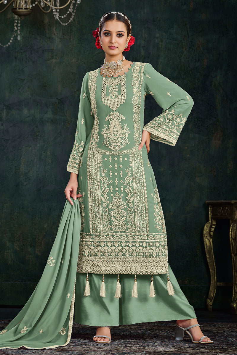 Georgette Fabric Sea Green Color Festive Wear Embroidered Palazzo Salwar Kameez
