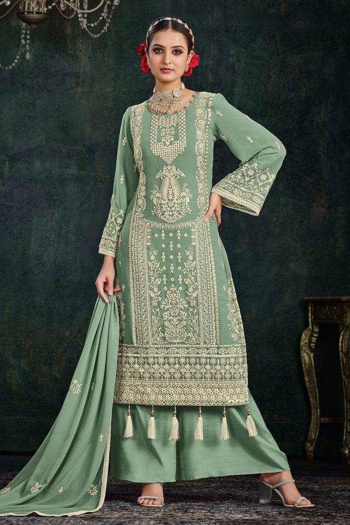 Georgette Fabric Sea Green Color Festive Wear Embroidered Palazzo Salwar Kameez