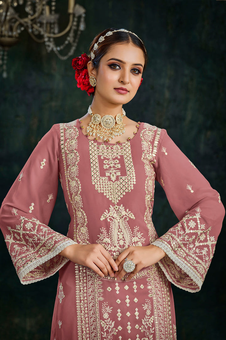 Pink Color Party Wear Embroidered Palazzo Salwar Suit In Georgette Fabric