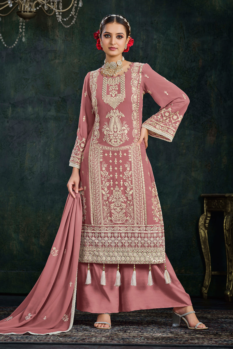 Pink Color Party Wear Embroidered Palazzo Salwar Suit In Georgette Fabric