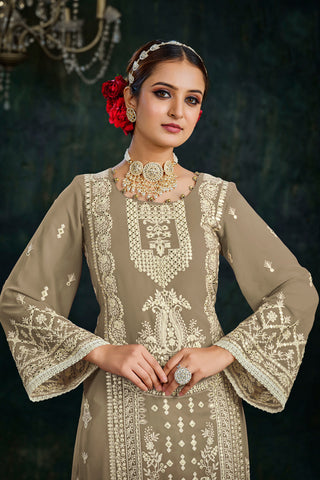 Sangeet Wear Embroidered Palazzo Salwar Kameez In Georgette Fabric Dark Beige Color