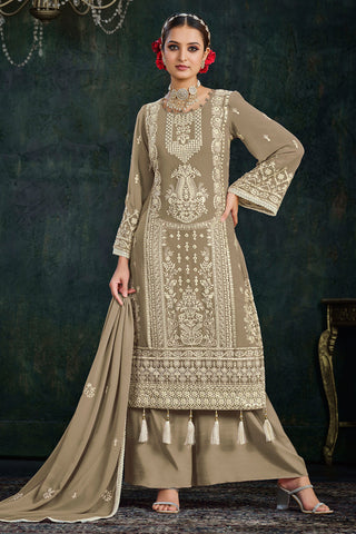 Sangeet Wear Embroidered Palazzo Salwar Kameez In Georgette Fabric Dark Beige Color