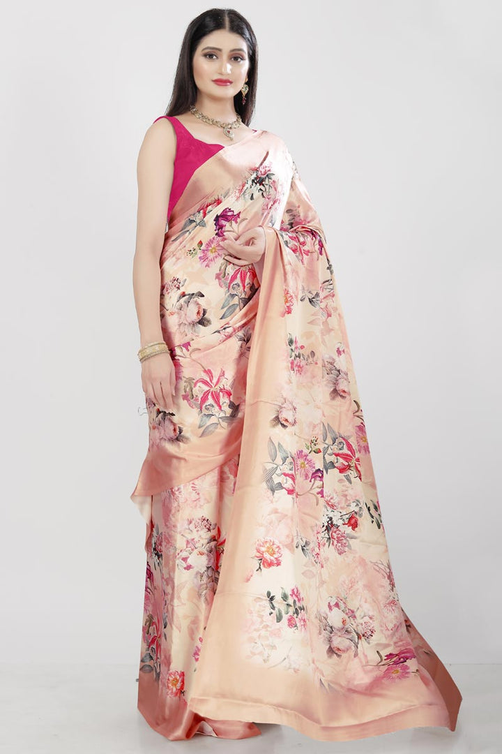 Peach Color Satin Fabric Floral Print Daily Wear Saree