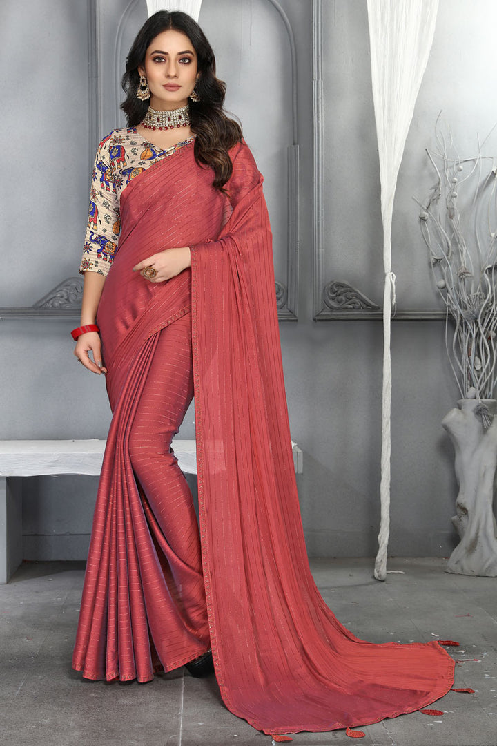 Art Silk Fabric Rust Color Delicate Saree With Digital Printed Blouse