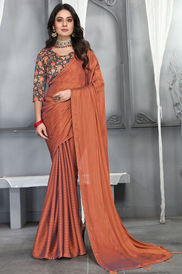 Art Silk Fabric Brilliant Saree With Digital Printed Blouse In Orange Color