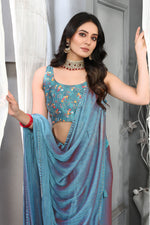 Load image into Gallery viewer, Art Silk Fabric Cyan Color Soothing Saree With Digital Printed Blouse
