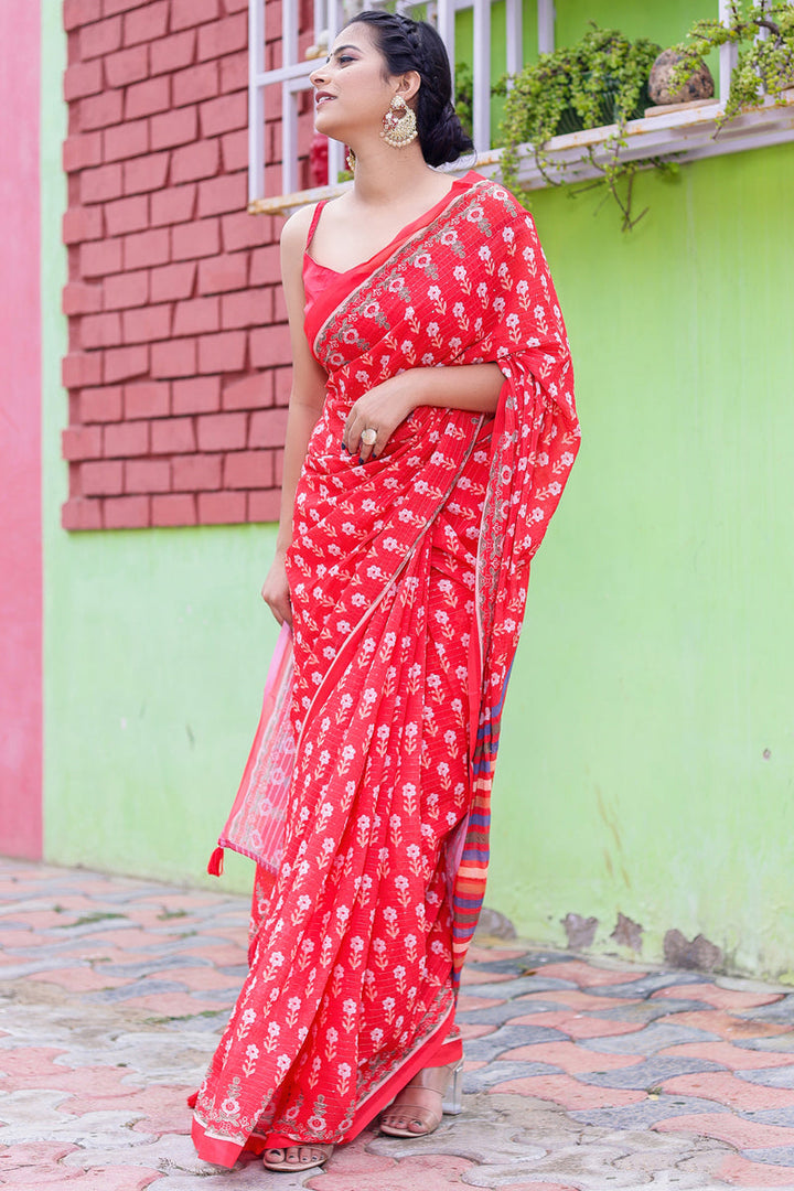 Red Color Digital Printed Glamorous Saree