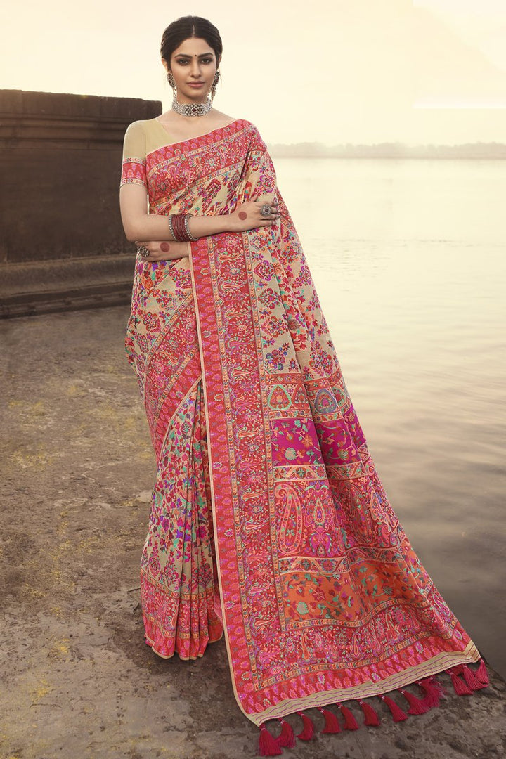 Art Silk Beige Color Weaving Work Festive Wear Fancy Saree