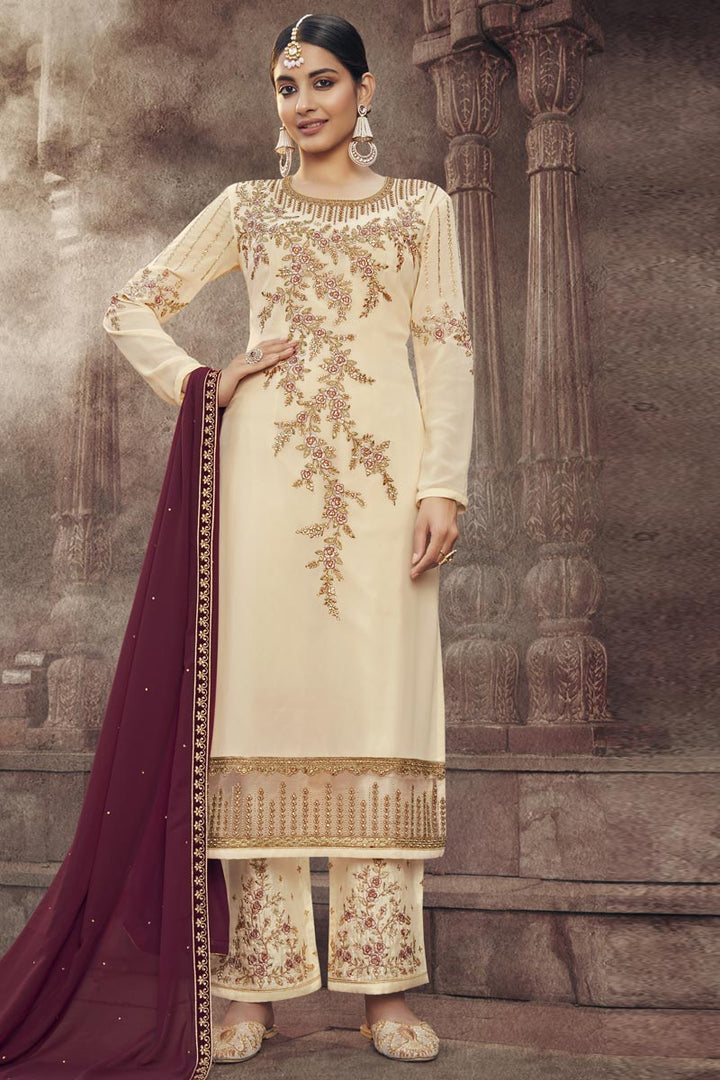 Beige Color Party Style Elegant Embroidered Georgette Palazzo Suit