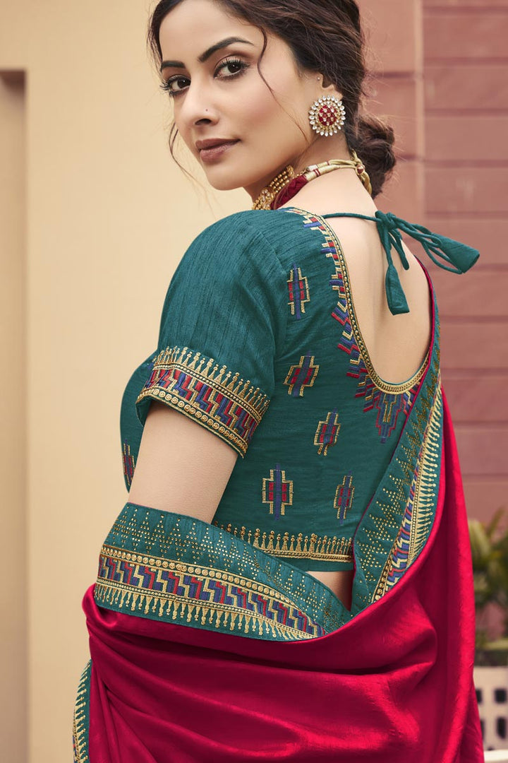 Fancy Fabric Puja Wear Rani Color Border Work Saree