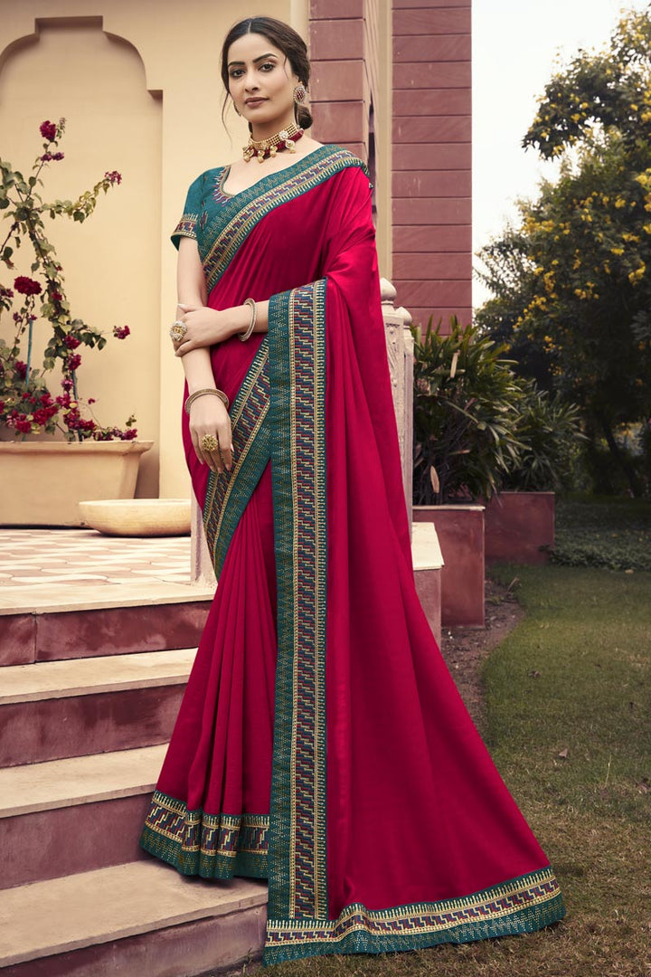 Fancy Fabric Puja Wear Rani Color Border Work Saree