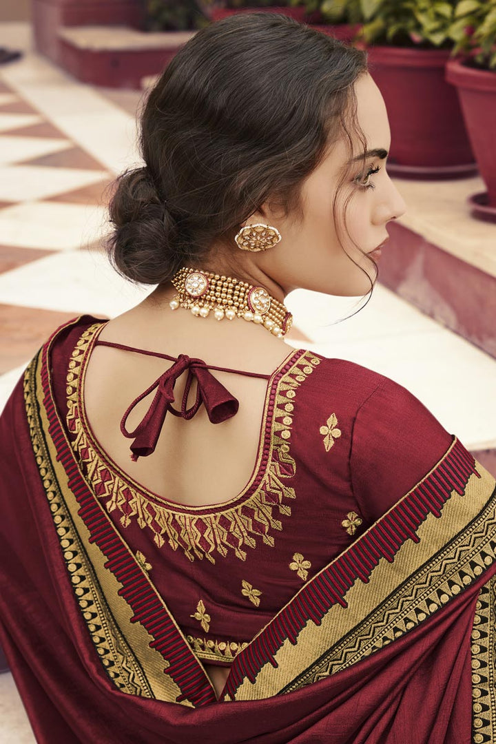 Function Wear Maroon Color Fancy Fabric Border Work Saree