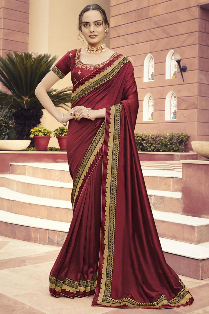 Function Wear Maroon Color Fancy Fabric Border Work Saree