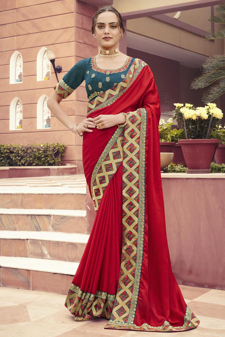 Red Color Festive Wear Fancy Fabric Border Work Saree