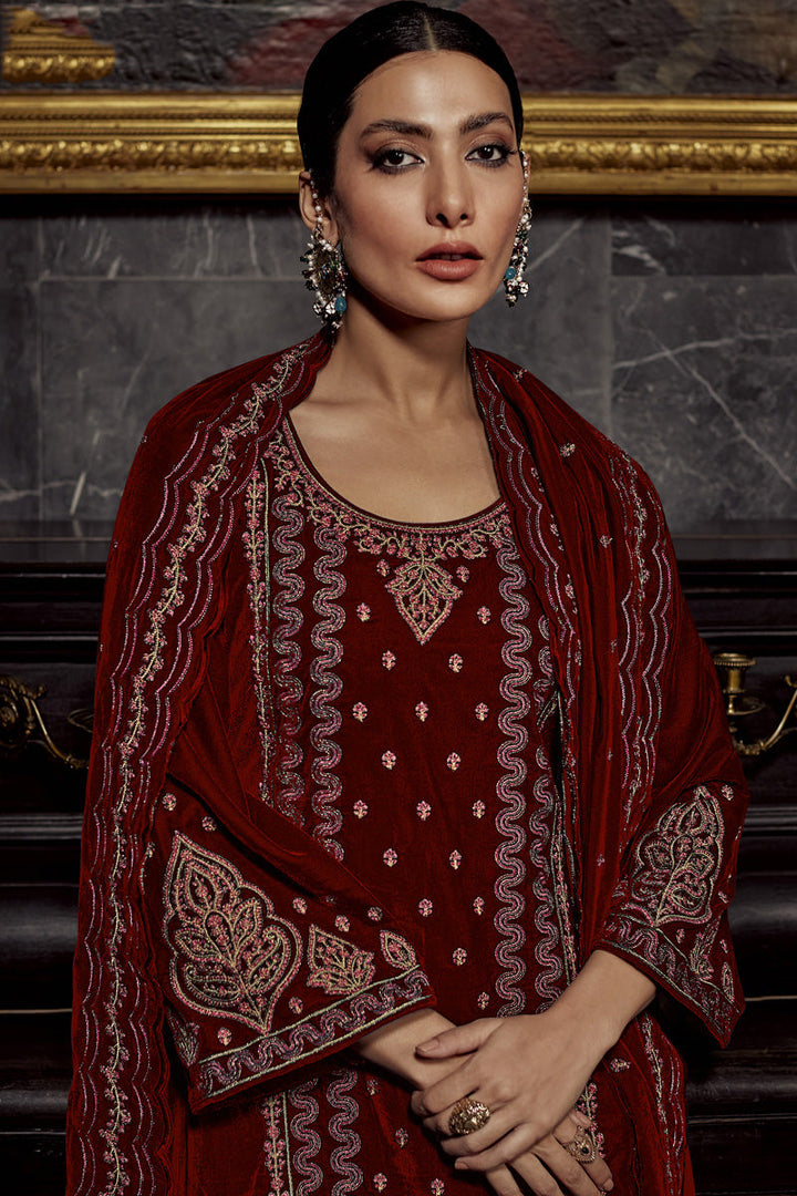Alluring Maroon Color Party Look Velvet Salwar Suit