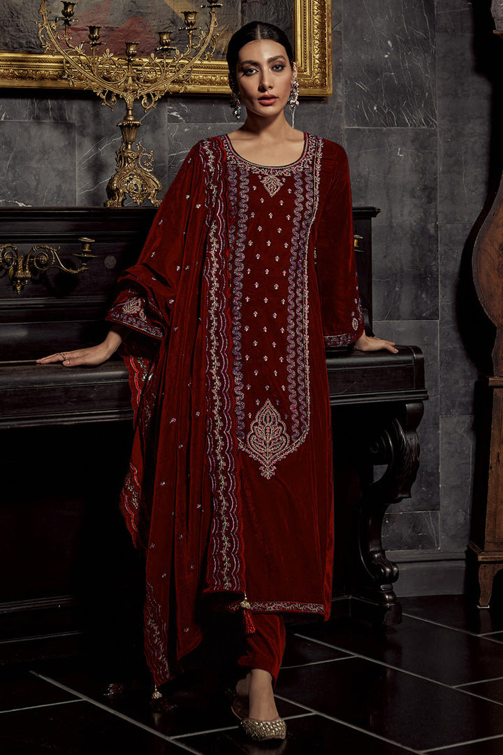 Alluring Maroon Color Party Look Velvet Salwar Suit