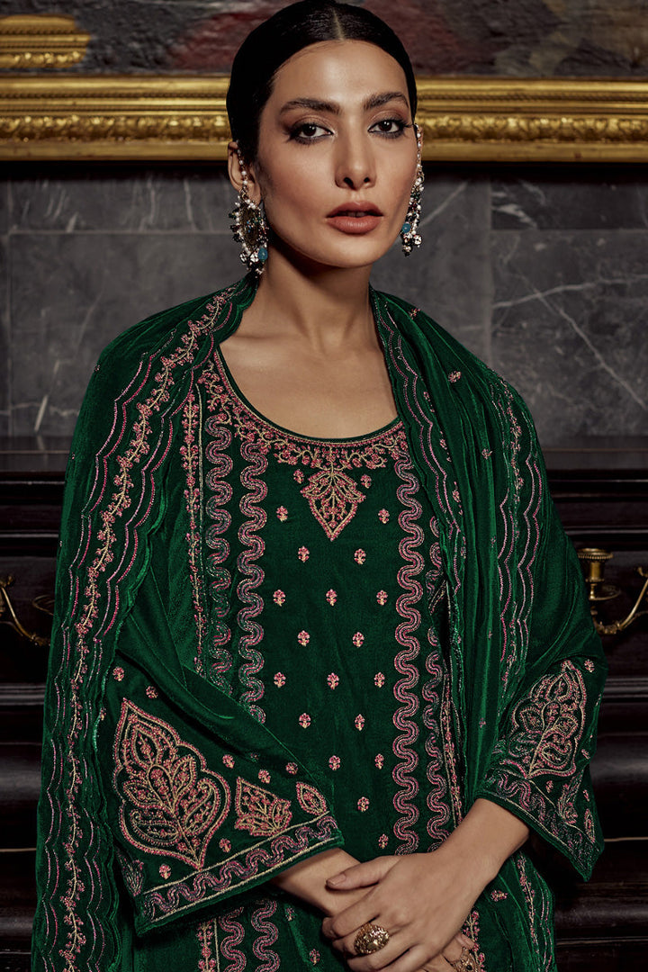 Green Color Tempting Party Look Velvet Salwar Suit
