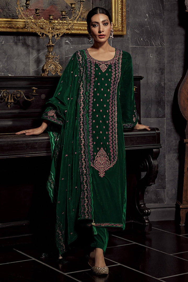 Green Color Tempting Party Look Velvet Salwar Suit