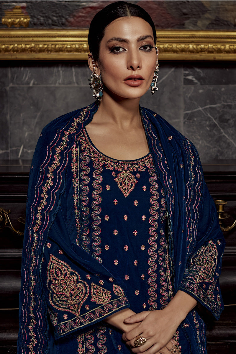 Charming Blue Color Party Look Velvet Salwar Suit