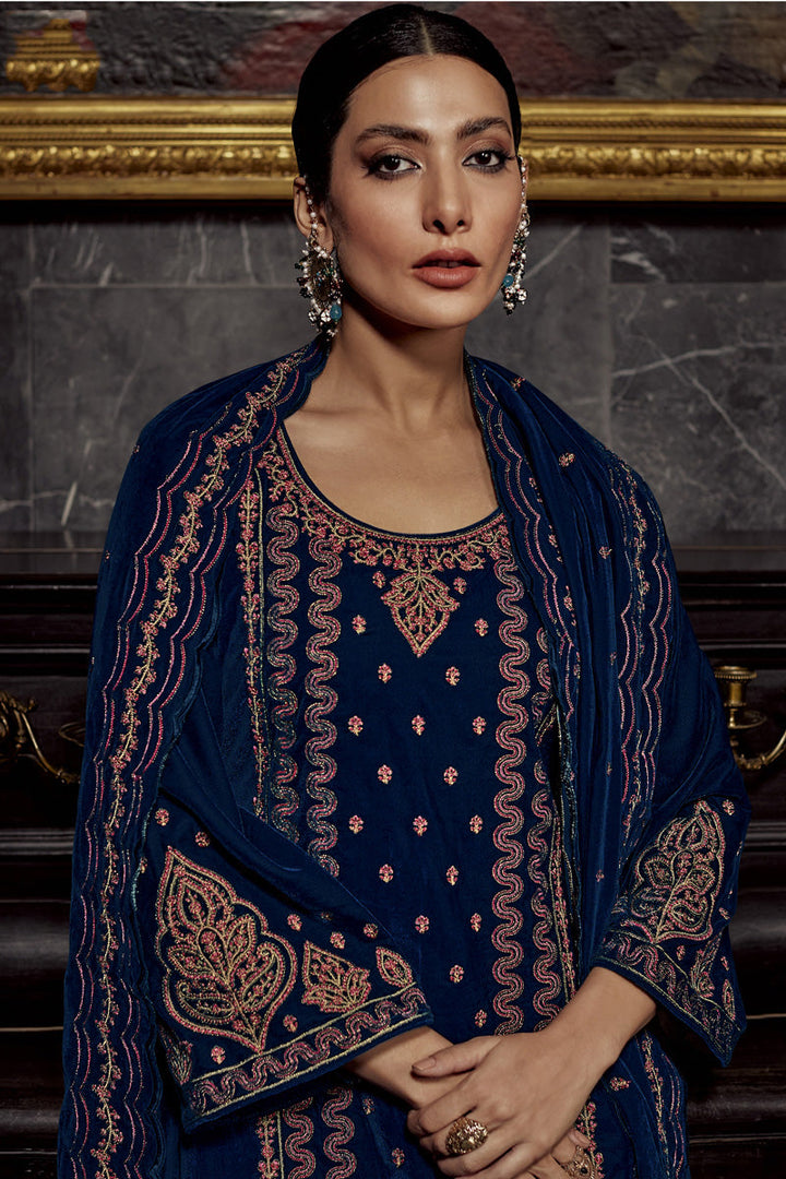 Charming Blue Color Party Look Velvet Salwar Suit