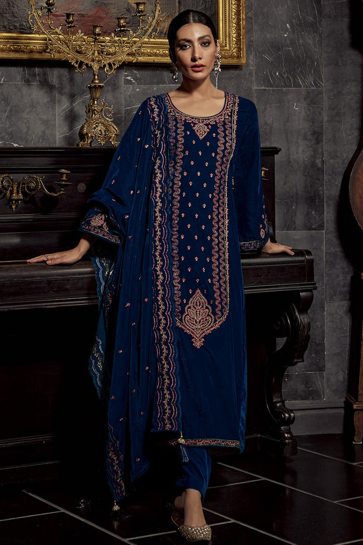 Charming Blue Color Party Look Velvet Salwar Suit