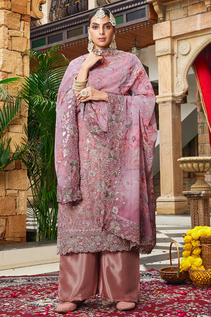 Pink Georgette Digital Print Embroidered Palazzo Suit