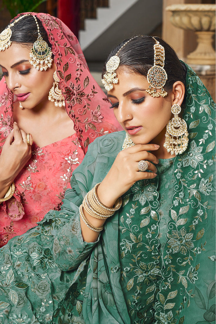 Teal Green Georgette Digital Print Embroidered Palazzo Suit