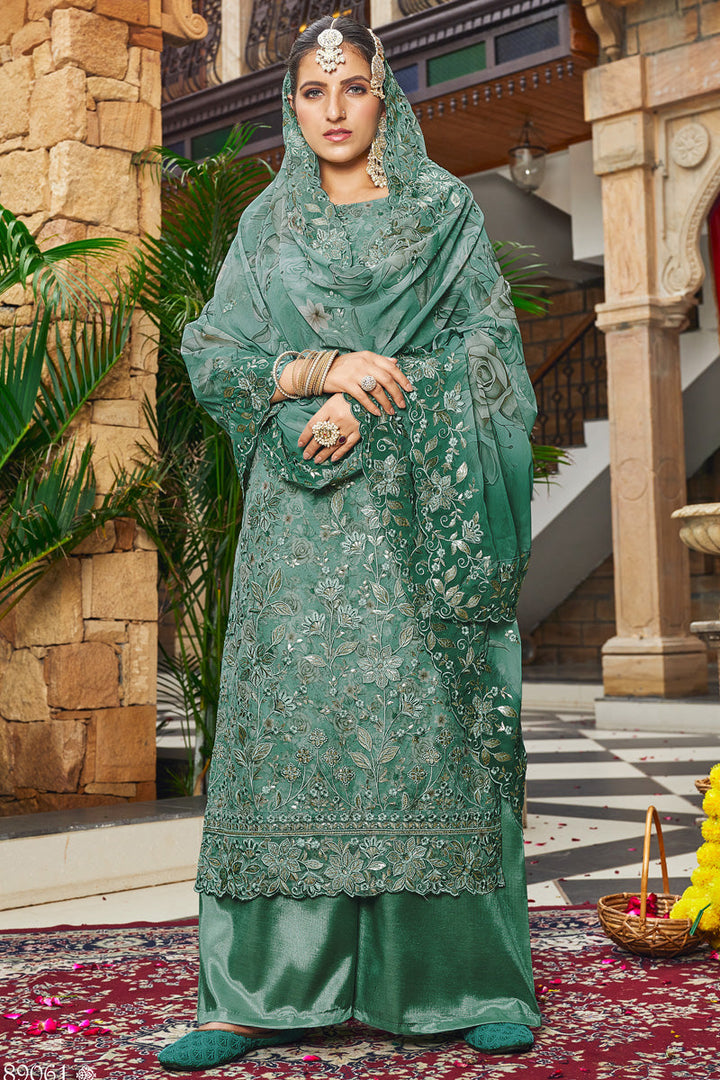 Teal Green Georgette Digital Print Embroidered Palazzo Suit