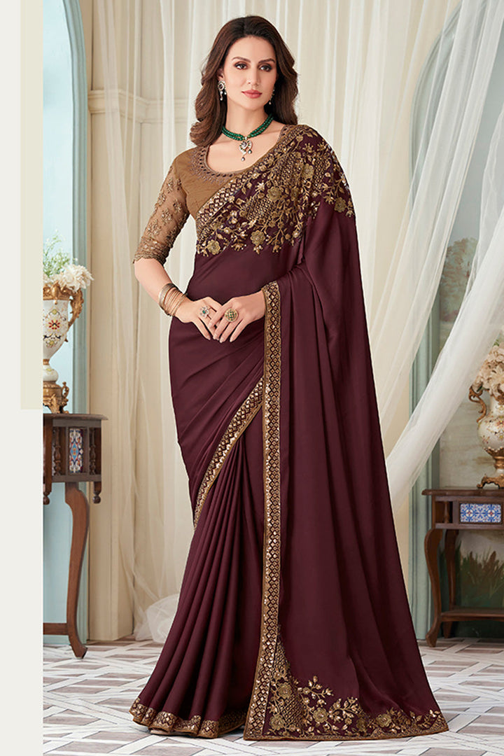 Brown Embroidered Silk Classic Saree