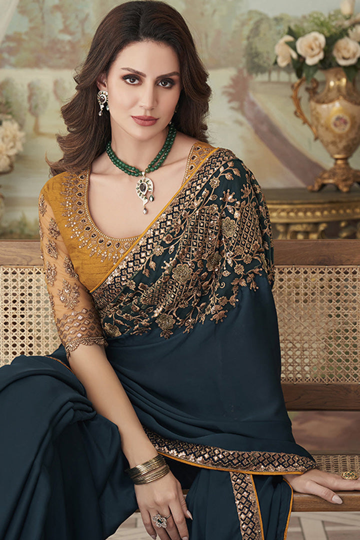 Sensible Border Party Look Teal Color Saree