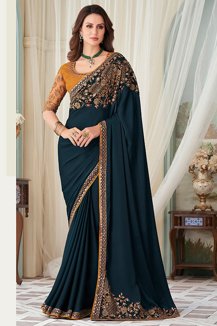 Sensible Border Party Look Teal Color Saree