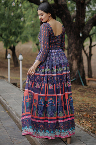 Purple Chanderi Digital Printed Readymade Gown