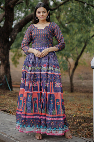 Purple Chanderi Digital Printed Readymade Gown