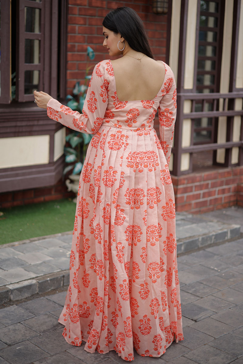 Peach Digital Printed Readymade Gown In Chanderi Fabric