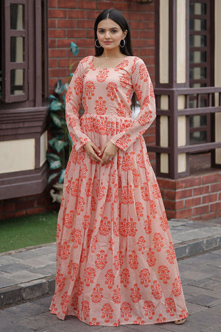 Peach Digital Printed Readymade Gown In Chanderi Fabric