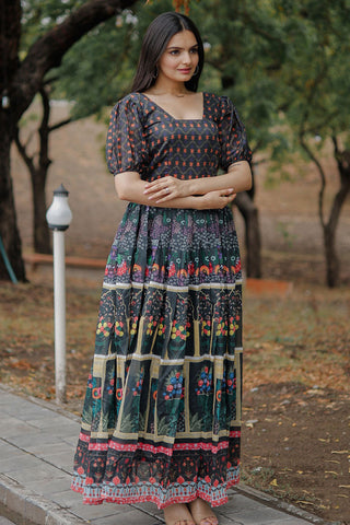 Chanderi Grey Readymade Digital Printed Gown