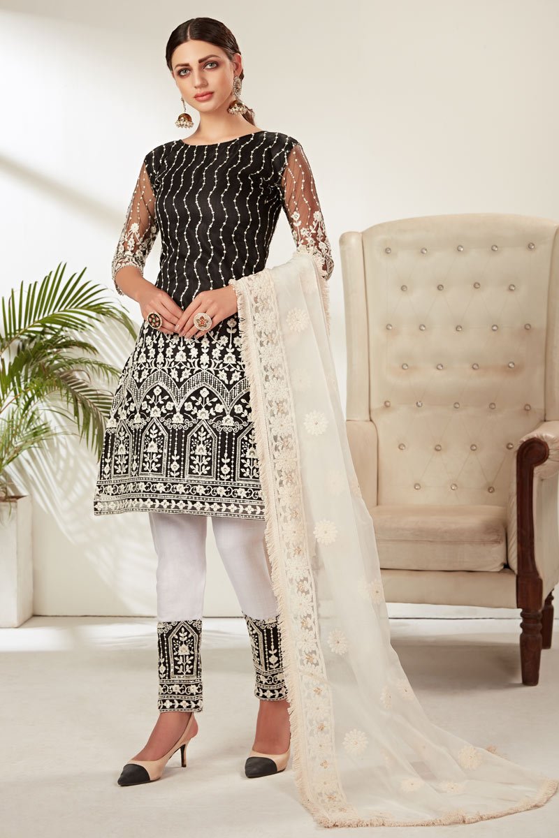 Net Fabric Party Wear Black Color Designer Embroidered Salwar Suit
